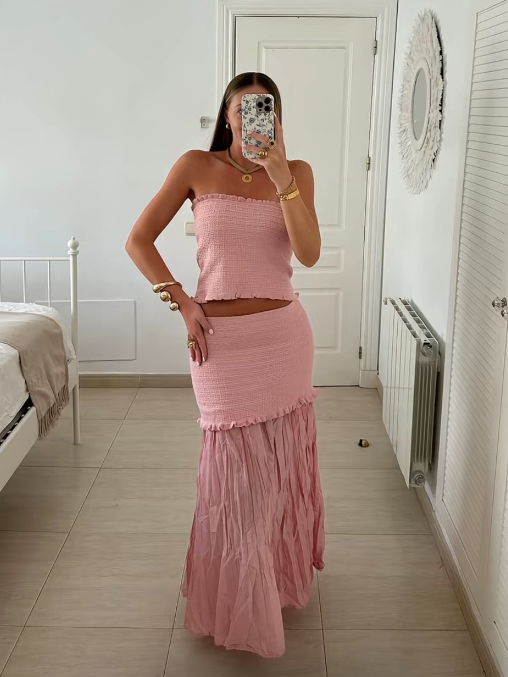 Zara ENTIRE SET Pink Pleated Maxi Skirt AND TOP